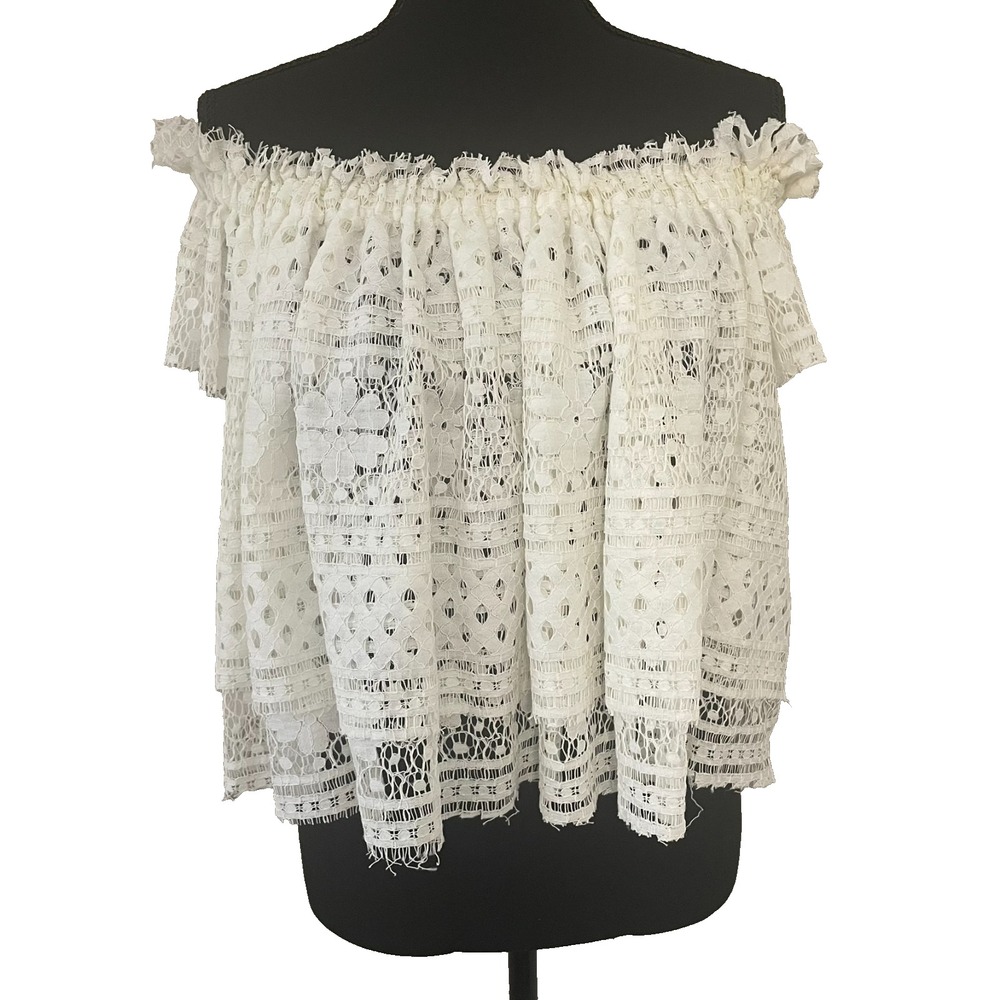 BISHOP + YOUNG Anthropologie Sz S‎ White Lace Layered Elastic Neckline Crop Top